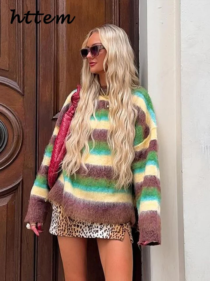 Retro womens colorful striped Mohair sweater loose contrast Oneck long sleeved floral 2024 autumn casual streetwear 241211