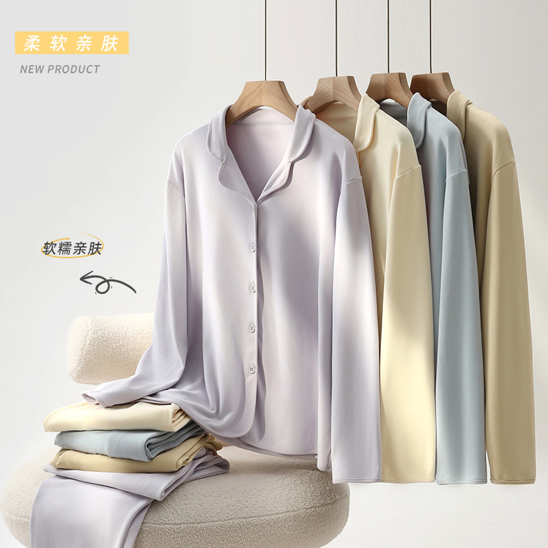 B535-House clothes women autumn and winter solid color suit loose button lapel long sleeve top casual trousers soft waxy outer wear pajamas
