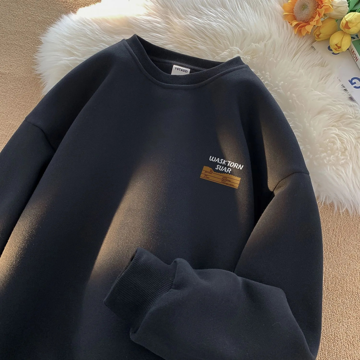 Mens sportswear solid color letter printing casual O-neck fashionable oversized street clothing winter autumn mens clothing 241216