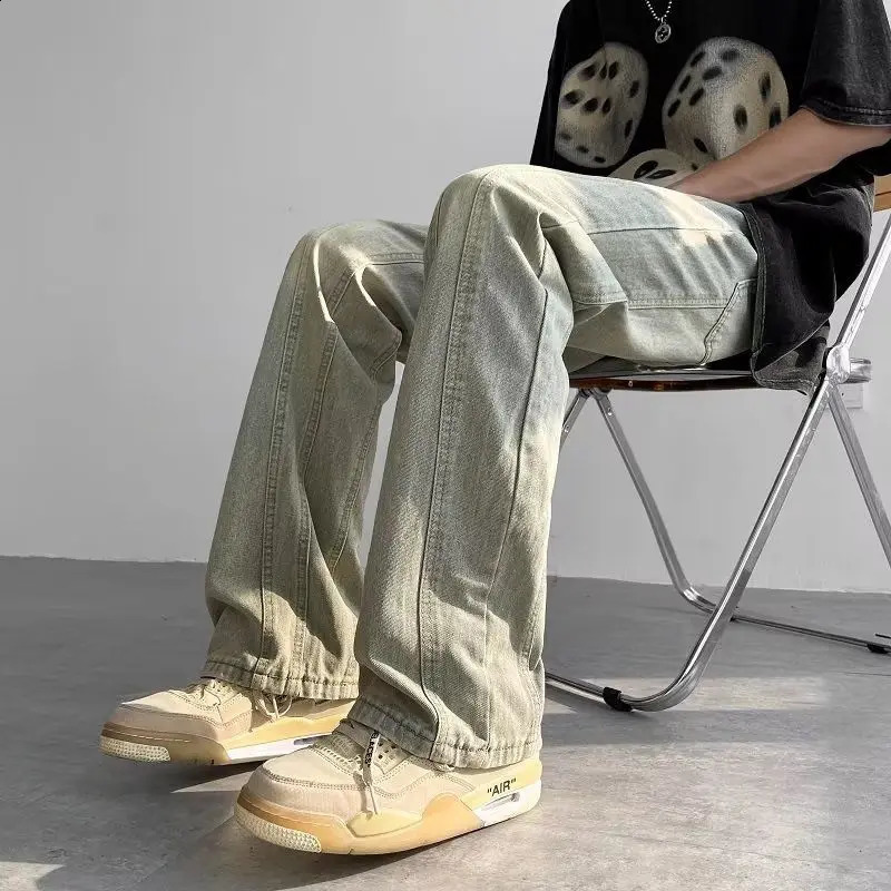 High Street Vibe Washed Vintage Jeans for Men Ins Trendy Versatile Straight Leg Wide Leg Yellow Mud Dyed Pants 241217