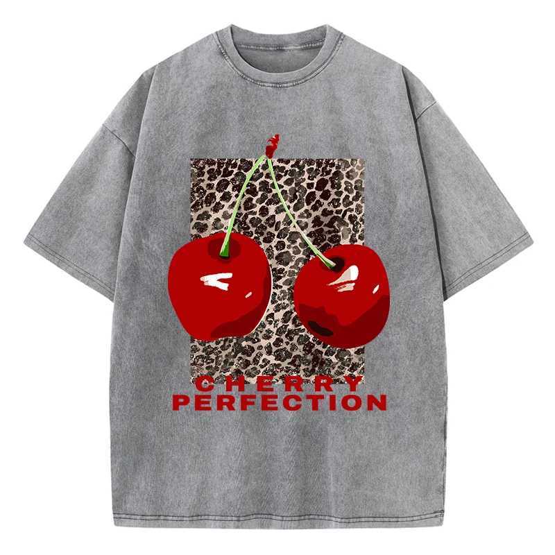 Women's T-Shirt Cherry perfection Washed T Shirt Women Cotton Leopard Prints Oversize Tops Vintage Black O-Neck T-Shirts Summer Woman Clothes Y24