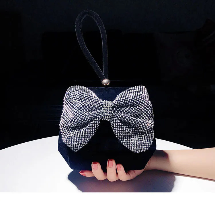 Fashionable womens handbag velvet vagabond bag sparkling diamond bow evening bag wedding party clutch wallet shoulder bag 241213