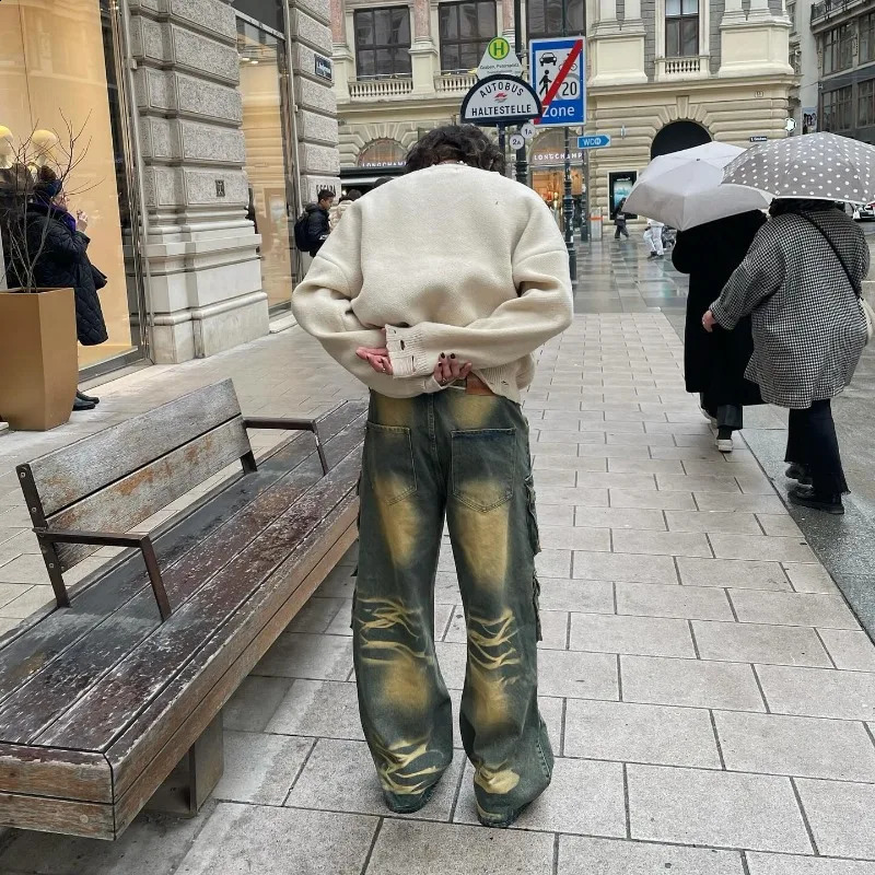 Streetwear Stylish Three-dimensional Pocket Washed Baggy Jeans Men Y2K Gothic Retro Casual High Waist Wide Leg Pants 241217