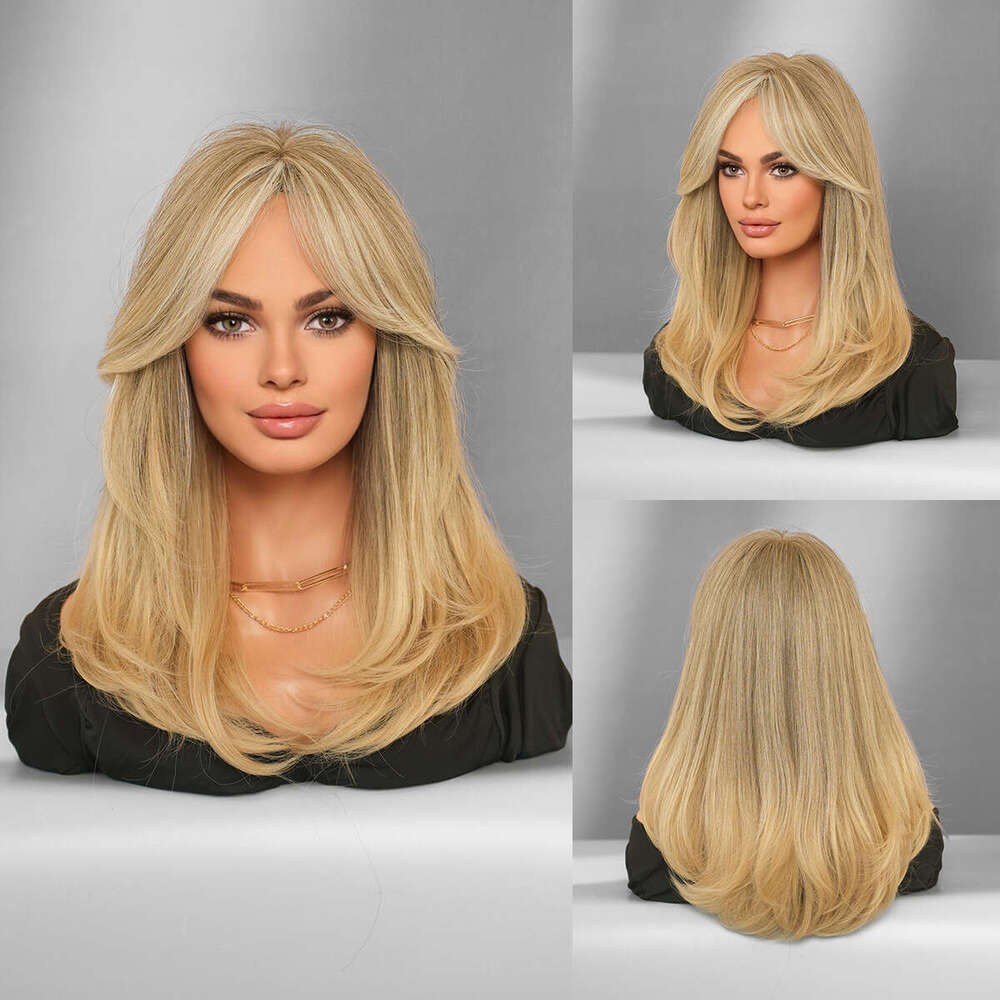 Women's Synthetic Full Head Cover Shoulder Length Layered Wig En Light Gold Eight Character Bangs Medium Long Curly Hair Kq9 Kq9