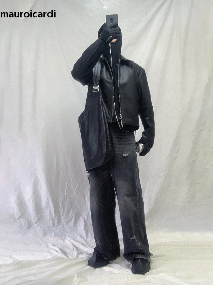 Mauroicardi Spring Autumn Black Soft Lightweight Pu Leather Jacket Men Zipper Turndown Collar Loose Casual Korean Fashion 241217