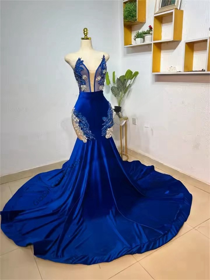 Sexy Royal Blue Strapless Long Mermaid Prom Dresses 2025 Bead Appliques Birthday Party Evening Gowns Customized