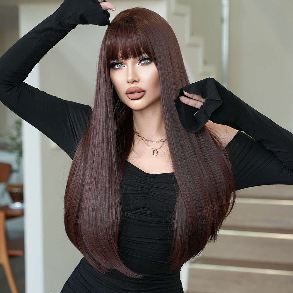 Ladies' Long Straight Hair, Mocha Brown, Neat Bangs, Layered Fashion Wig, Full Head Cover, Wigs Kq9 Kq9