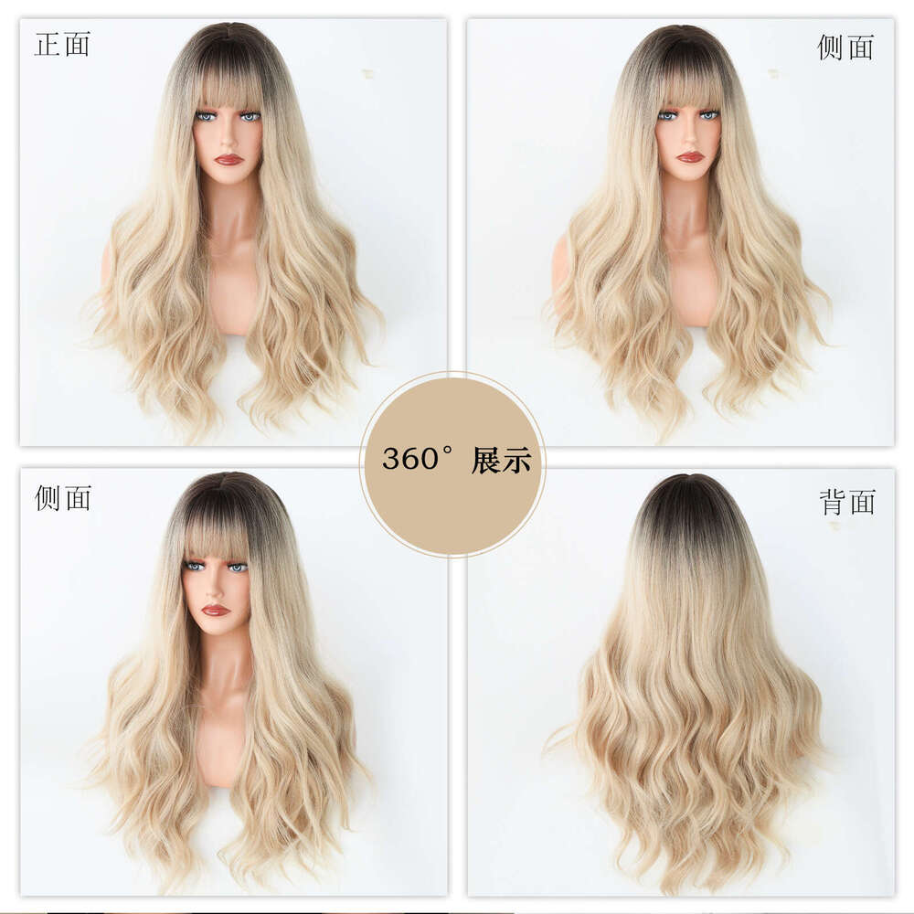 Brown Headband Gradient Color Wig Long Curly Hair Fashionable Layering With Bangs Wigs Kq9 Kq9