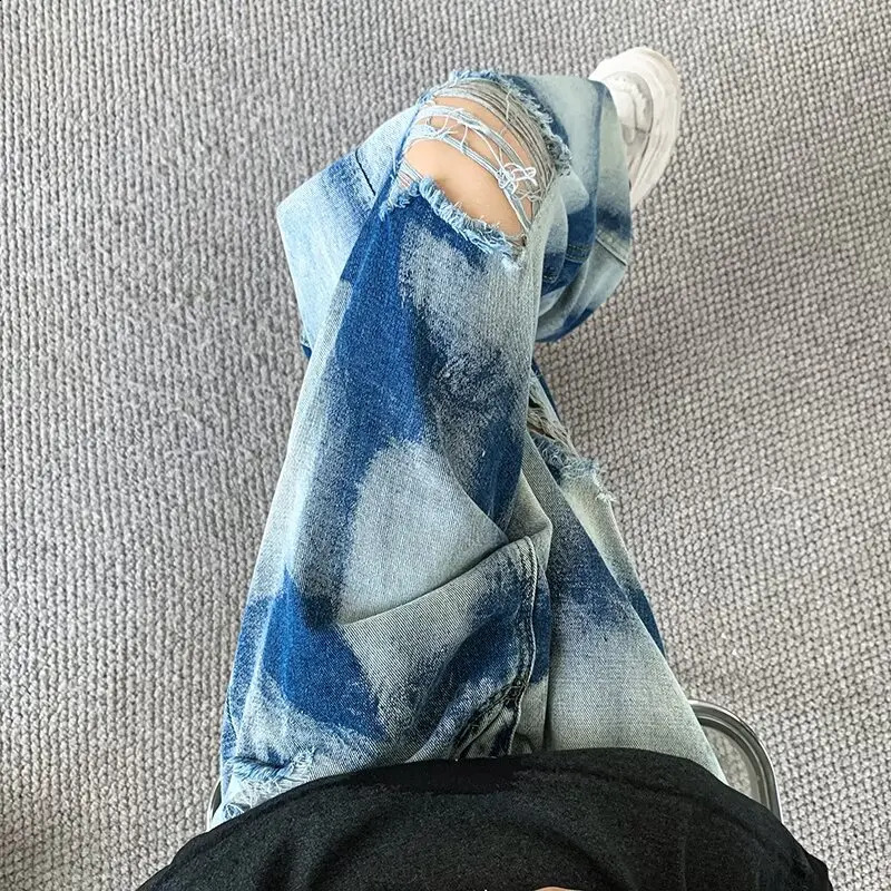 2000S Clothes Y2K Streetwear Tie Dye Vintage Blue Baggy Ripped Jeans Pants For Men Straight Hip Hop Denim Trousers Ropa Hombre 241217