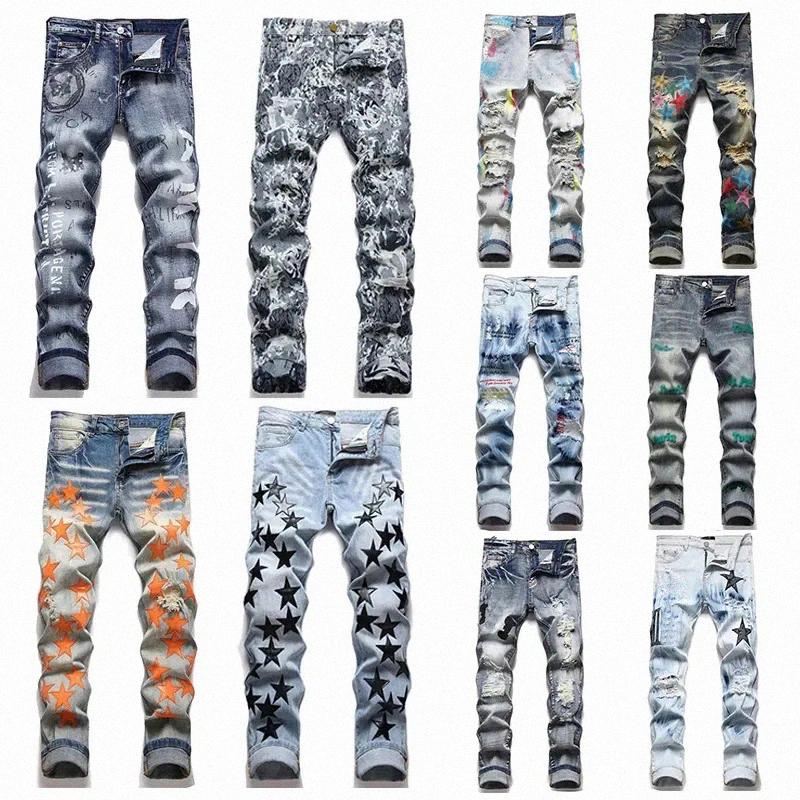 Men's Designer Jeans Embroidery Hip Hop Joker Denim Pants Men Broken Hole Patch Elastic Slim Feet Pencil Trousers 01