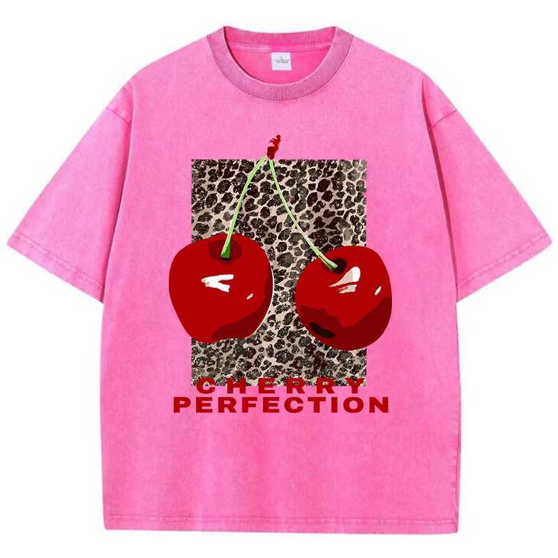 Women's T-Shirt Cherry perfection Washed T Shirt Women Cotton Leopard Prints Oversize Tops Vintage Black O-Neck T-Shirts Summer Woman Clothes Y24