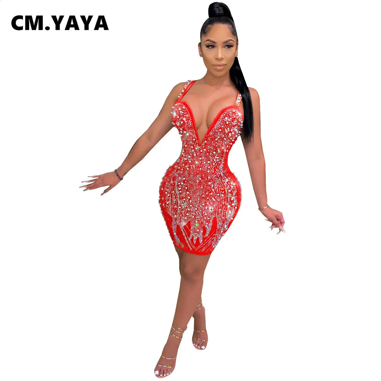 CM.YAYA Women Diamonds Rhinestones Spaghetti Strap V-neck Bodycon Midi Mini Dress Evening Sexy Party Club Dresses 241216
