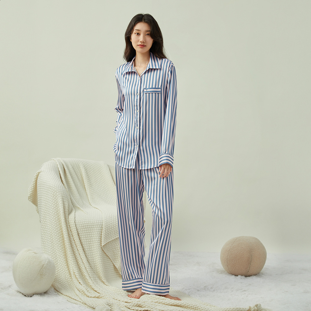 Autumn 2 Pieces Faux Silk Striped Pyjama Women's Pamas Sleepwear Sets Spring Summer Homewear 220321