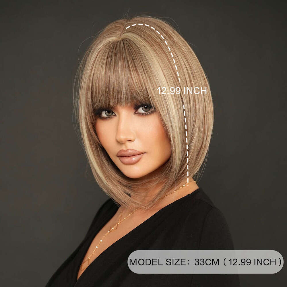 Wig For Women Bangs, Tea Brown, Dyed Rice, Fashionable Short Straight Hair, Headband With Inner Button, Bob Wig Kq9 Kq9