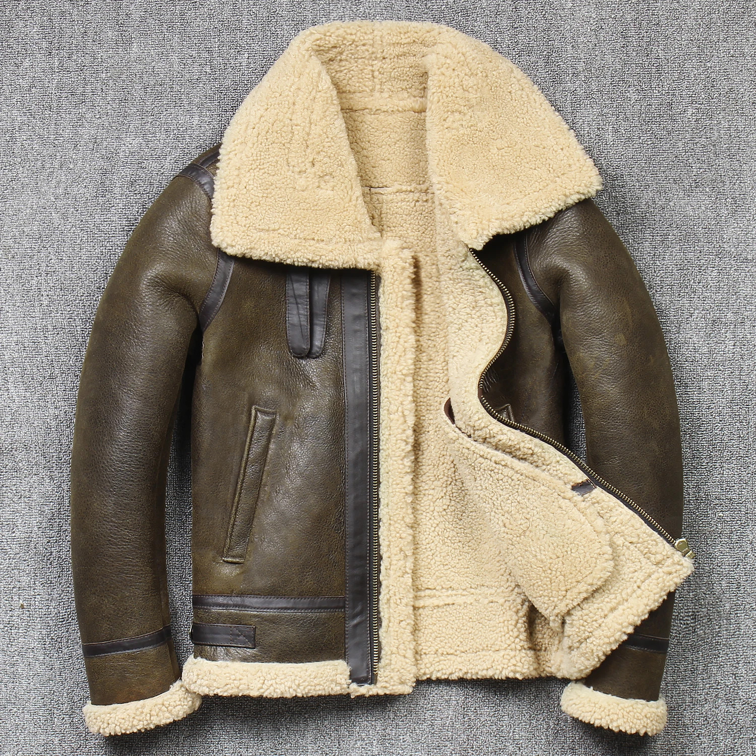 2024 Men's Winter Aviator Real Jacket Sheepskin Shearg Genuine Leather Rock Jackets High Quality B3 Bomber Male Coats