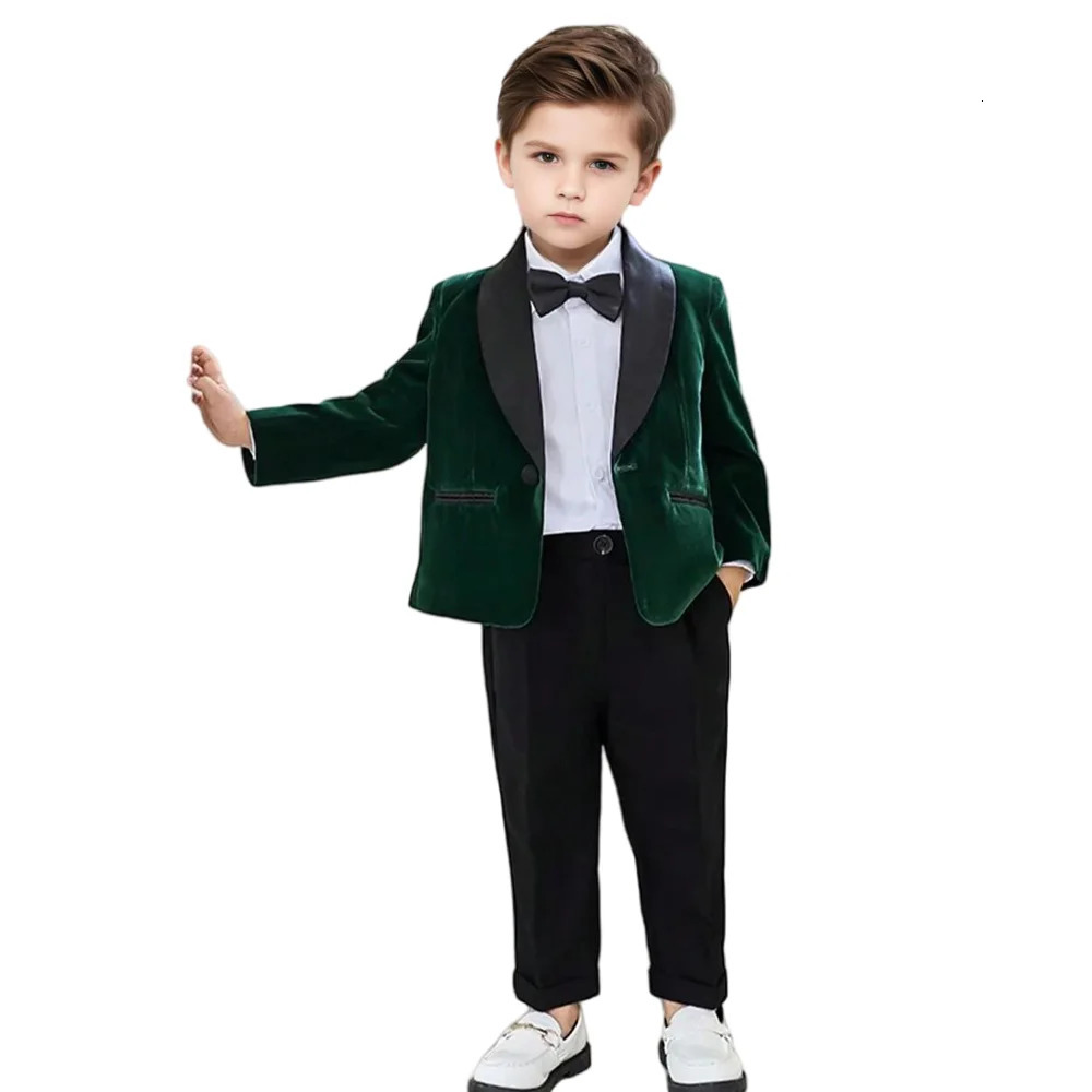 Boys formal velvet suit childrens birthday dress wedding party po piano retro costume childrens jacket pants tie set 241216