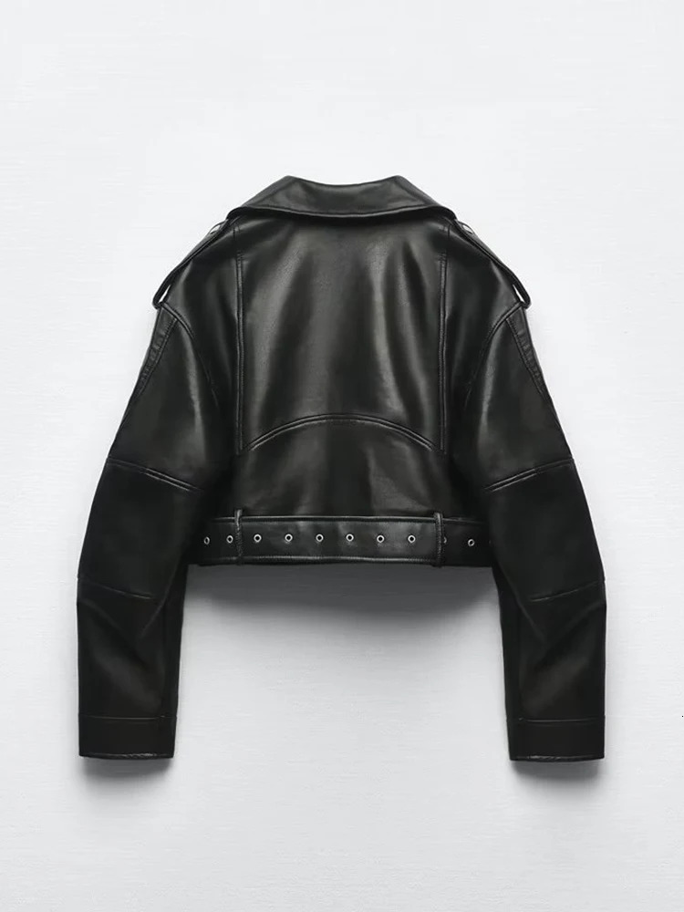 TRAF Women Oversized Vintage Loose Pu Faux Leather Short Jacket With Belt Streetwear Female Zipper Retro Moto Biker Coat Outwear