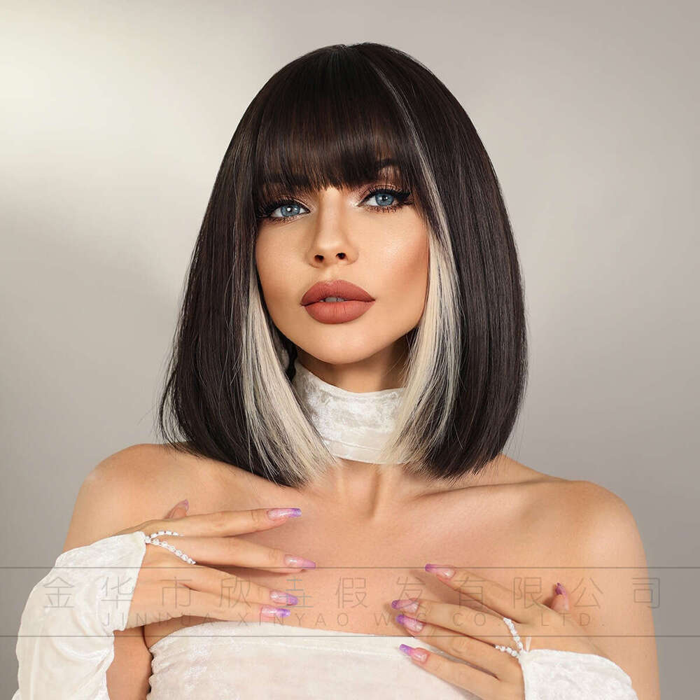 Wig For Women With Hanging Ears, Bob Neat Bangs, Short Straight Hair, JK Fashion Synthetic Wig, Full Head Cover Kq9 Kq9