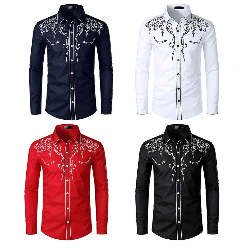 mens retro embroidered shirt Western denim long sleeved slim fit shirt Fashion casual button up party business shirt 241216