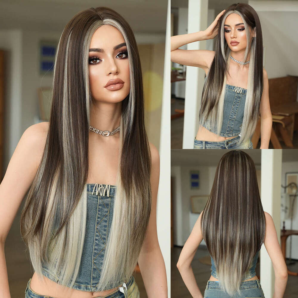 New Asian Style Dyed Brown Straight Fashionable Girls' Mid Length Long Hair High-Quality Synthetic Wig Headband Kq9 Kq9