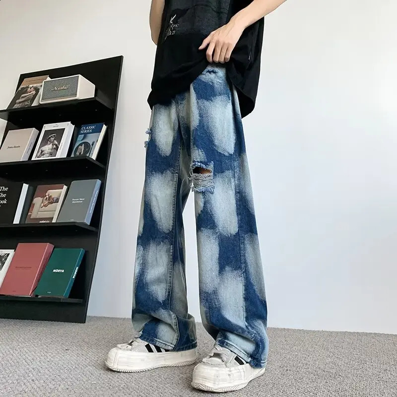 2000S Clothes Y2K Streetwear Tie Dye Vintage Blue Baggy Ripped Jeans Pants For Men Straight Hip Hop Denim Trousers Ropa Hombre 241217