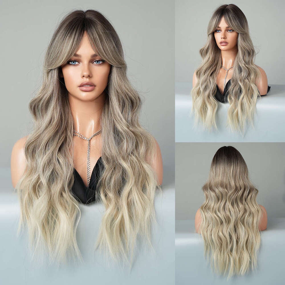 Bronze Gold Wig For Women, Fashionable Long Curly Hair With Eight Character Bangs, Big Waves, Synthetic Full Head Set, Wavy Wig Kq9 Kq9