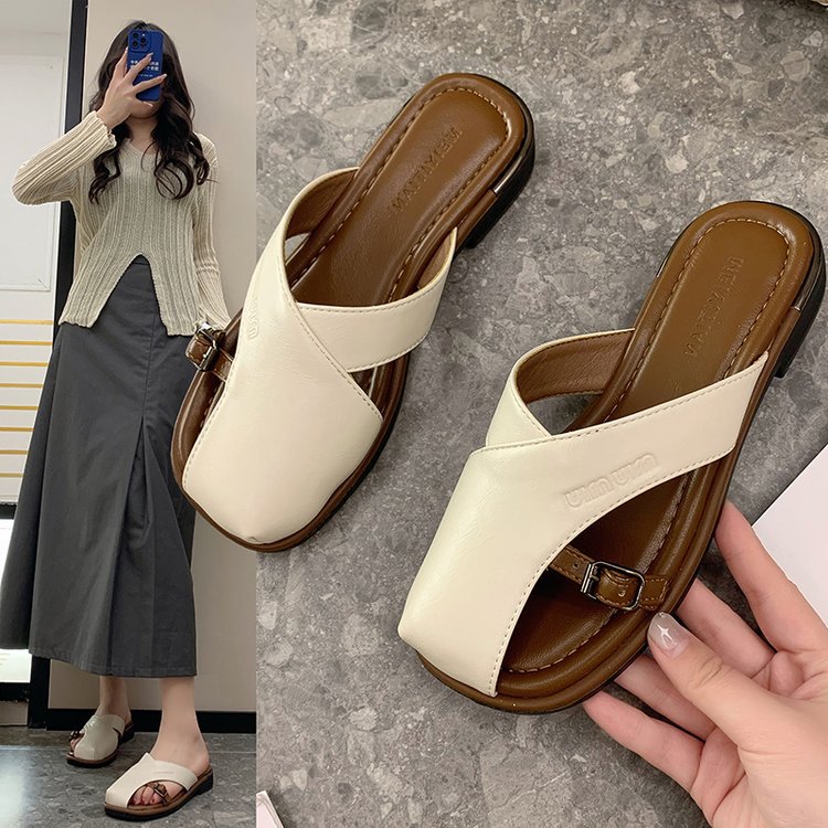 Women Fashion Slippers French Style Flat Bottom Retro Closed Toe Casual Beach Sandals Fashion Triple Black Beige Brown Free shipping