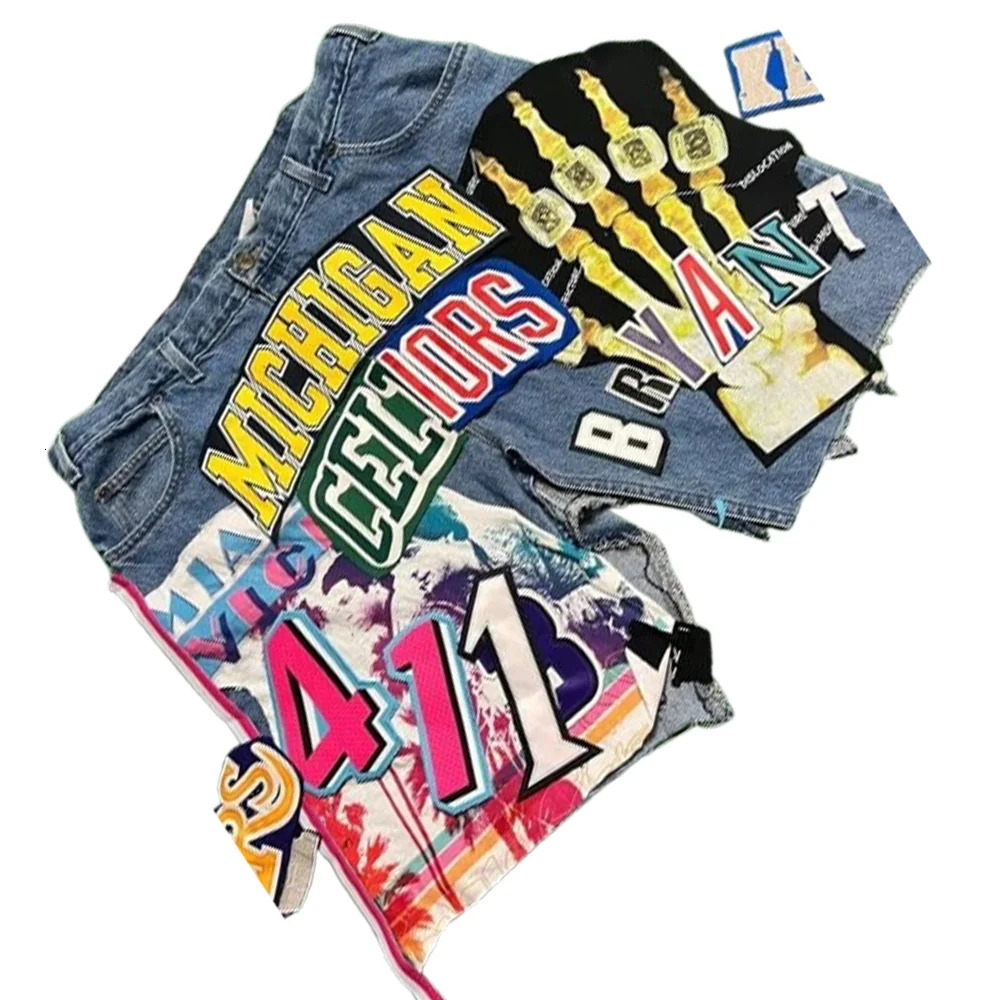 Retro hip-hop applique shorts Y2K jeans Harajuku Gothic cartoon graphic retro blue pocket denim fitness shorts mens casual shorts 241216