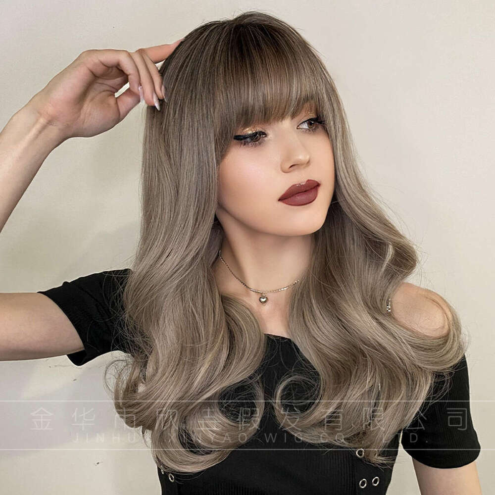 Order Women's Long Curly Hair With Bangs, 58Cm Beige Gray Dyed Fiber Wig, Full Top 22Inch Kq9 Kq9