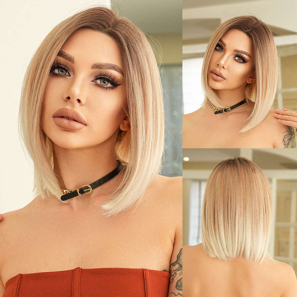Gradient Gold Front French Bob Women's Hair Seam Lace Short Straight Fiber Wig Kq9 Kq9