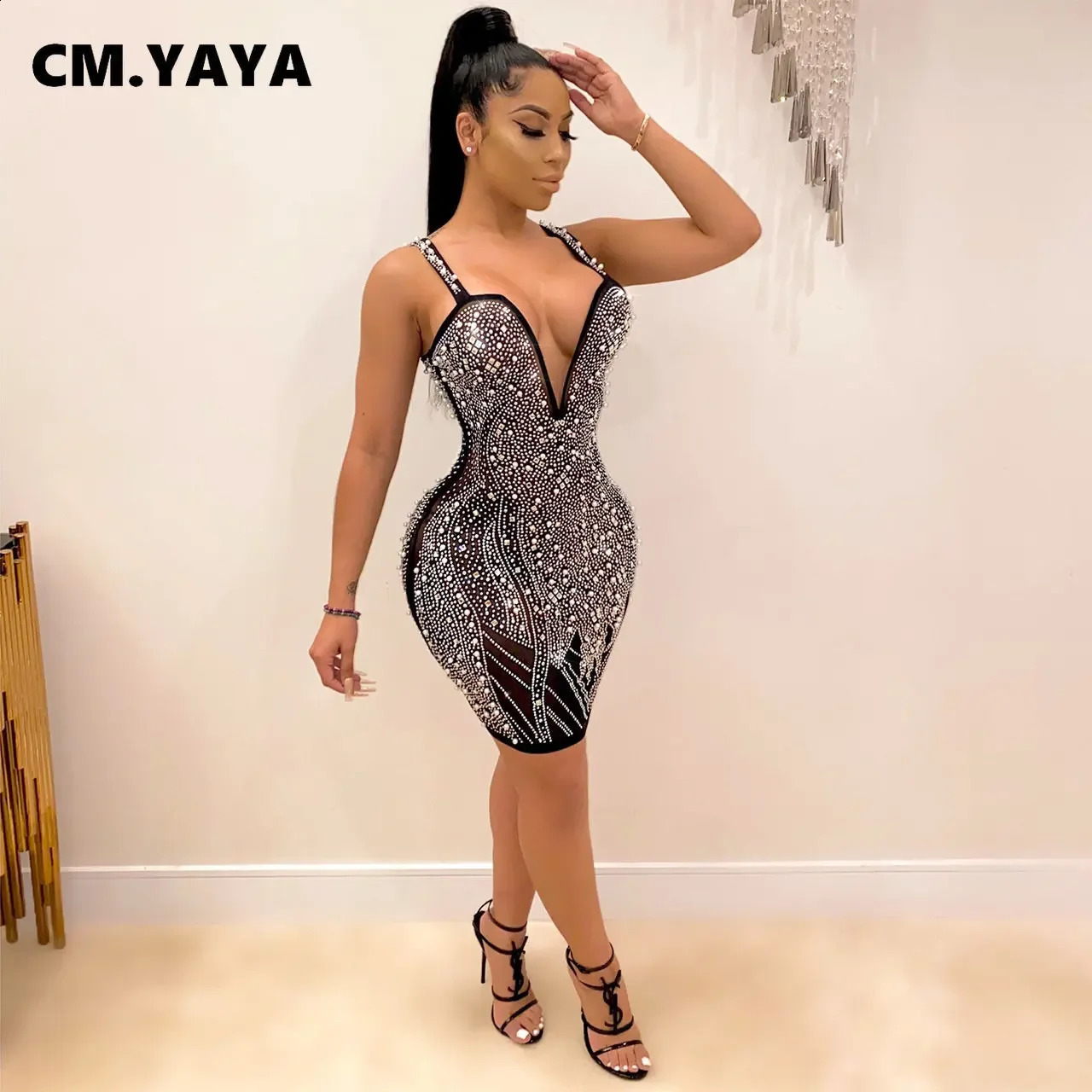 CM.YAYA Women Diamonds Rhinestones Spaghetti Strap V-neck Bodycon Midi Mini Dress Evening Sexy Party Club Dresses 241216