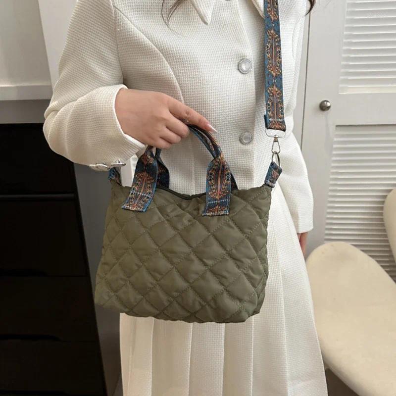 Drawstring Women Wide Shoulder Belt Handbag Fall/Winter Rhombus Space Cotton Bag Large Capacity All-Match Shopping Tote zhanyishengli