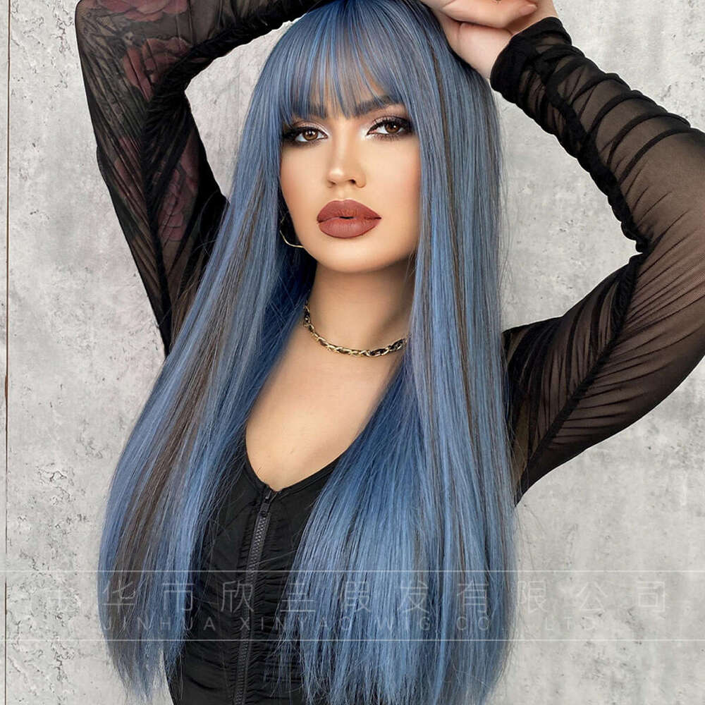Female Long Straight Hair With Bangs, 61Cm Mermaid Blue Dyed Synthetic Full Head Set, Internet Famous Wig Kq9 Kq9