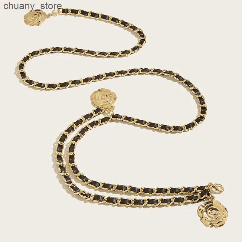 Belts High quality metal belt womens round flower pendant chain belt womens thin belt dress decoration L240910