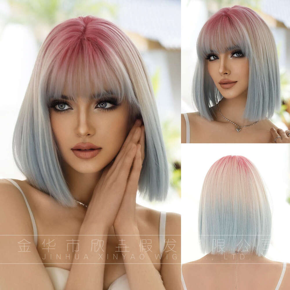 New Straight Women's Gradient Blue Air Bang Wave Short Hair Full Head Set Pink Bob Wig Kq9 Kq9