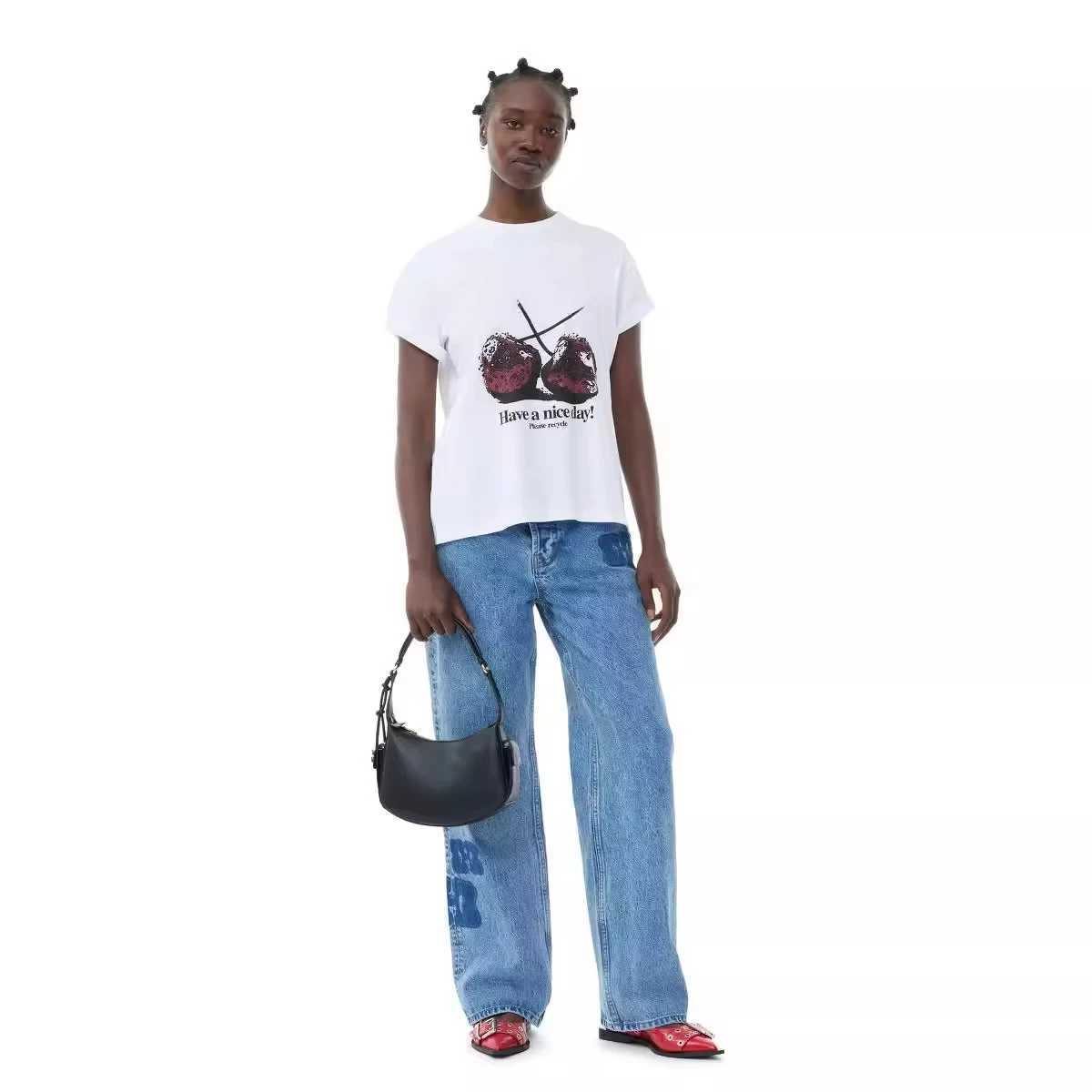 Women's T-Shirt 2025 New Spring/summer T-shirt Cherry Print Casual Boudoir Wear Round Neck Loose Short-slved T-shirt Y241212G1V2