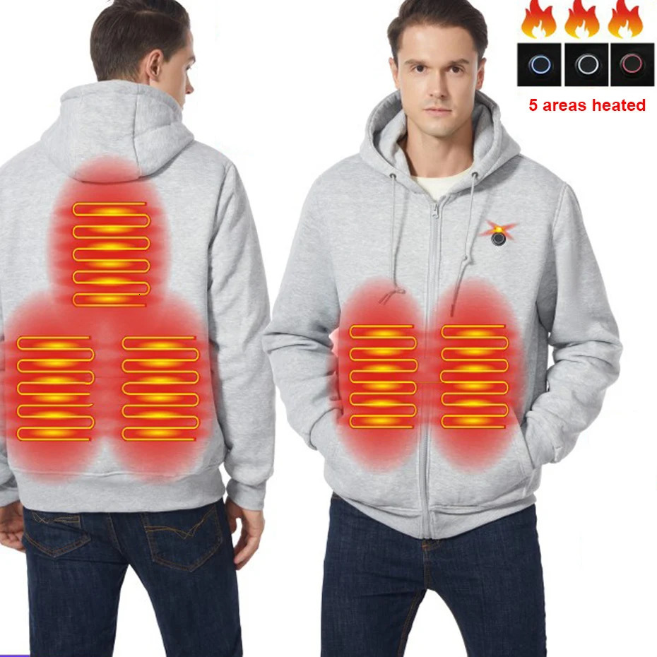 USB heated hoodie mens winter electric heating hoodie jacket with zipper hoodie infrared 5 heating zone jacket black gray 241216