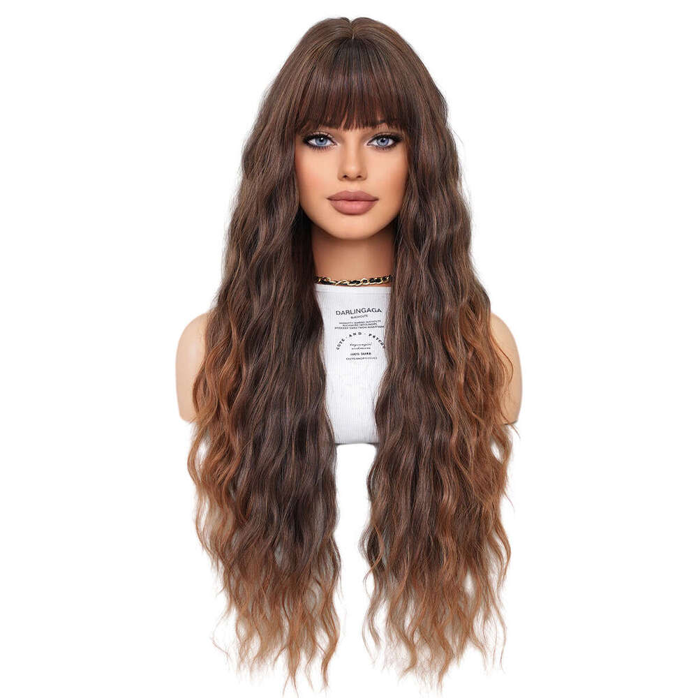 Female Water Curled Long Hair Wave Wig Full Headset High Temperature Silk Fiber Brown Wigs Kq9 Kq9