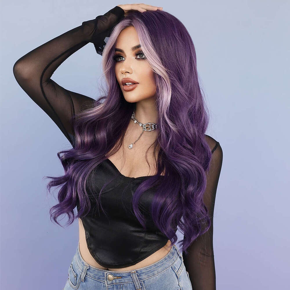 Women's Large Wave With Dyed Long Curly Hair Roland Purple Synthetic Nism Full Head Cover Wavy Wig Kq9 Kq9
