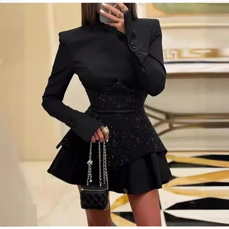 Fashion Splicing Sequins Long-sleeved Crew Neck Short Dresses Sexy Party Vacation Little Black Dress for Women 241216