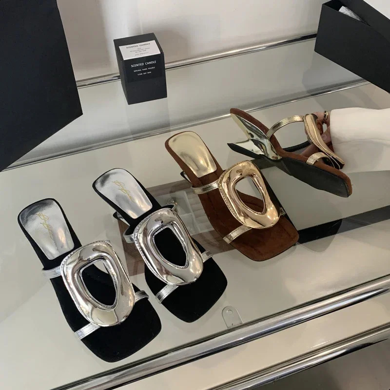 5cm Heeled Wedge Sandals Women Silver Slippers Casual Low Heel Summer Shoes Gold Metals Ladies Slippers 241216