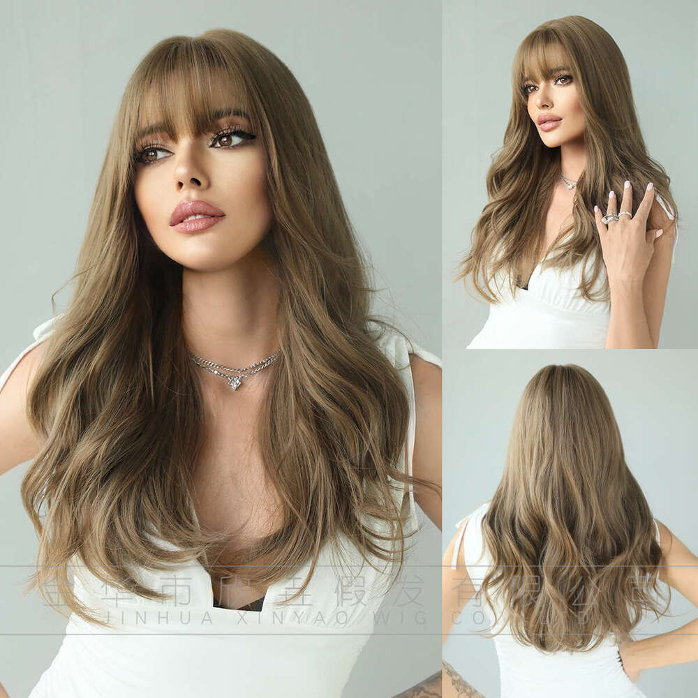 Ladies' Brown Wavy Wigs With Long Curly Hair, Air Bangs, Big Waves, Synthetic Wigs Kq9 Kq9