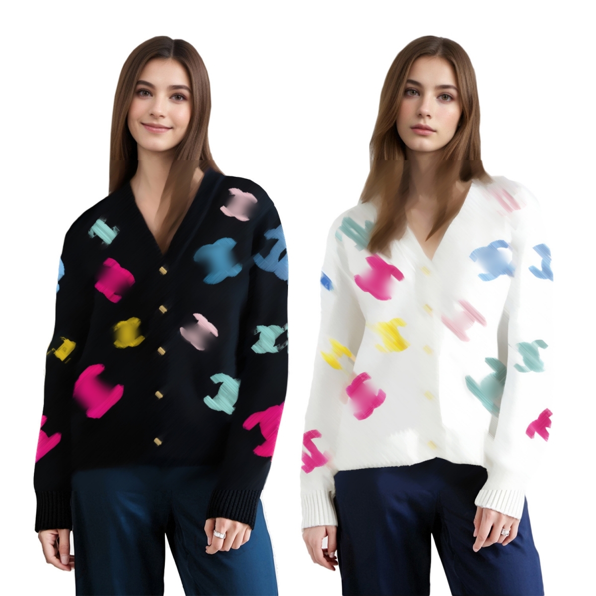 Soft Woolen Sweater Cardigans Women Casual Print V-neck Knit Cardigan Coats Free Ship