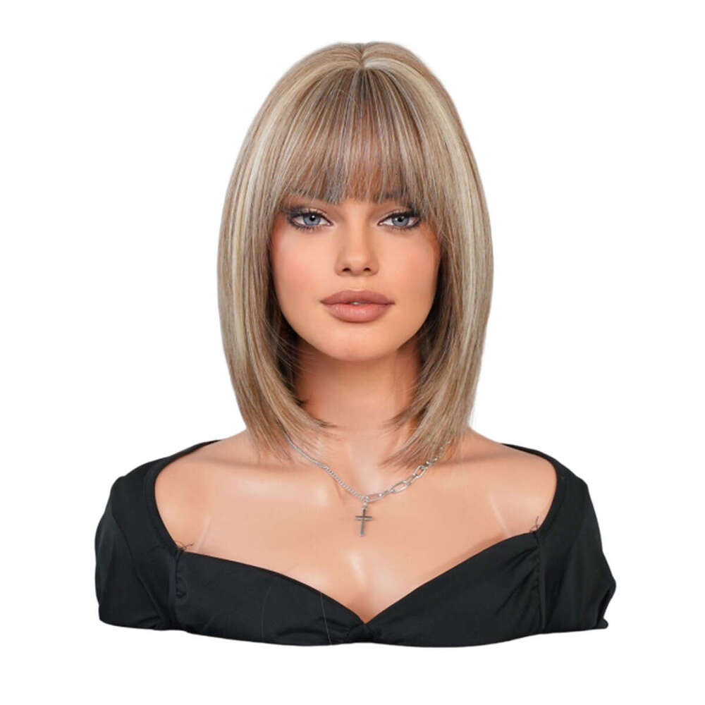 Wig For Women Bangs, Tea Brown, Dyed Rice, Fashionable Short Straight Hair, Headband With Inner Button, Bob Wig Kq9 Kq9