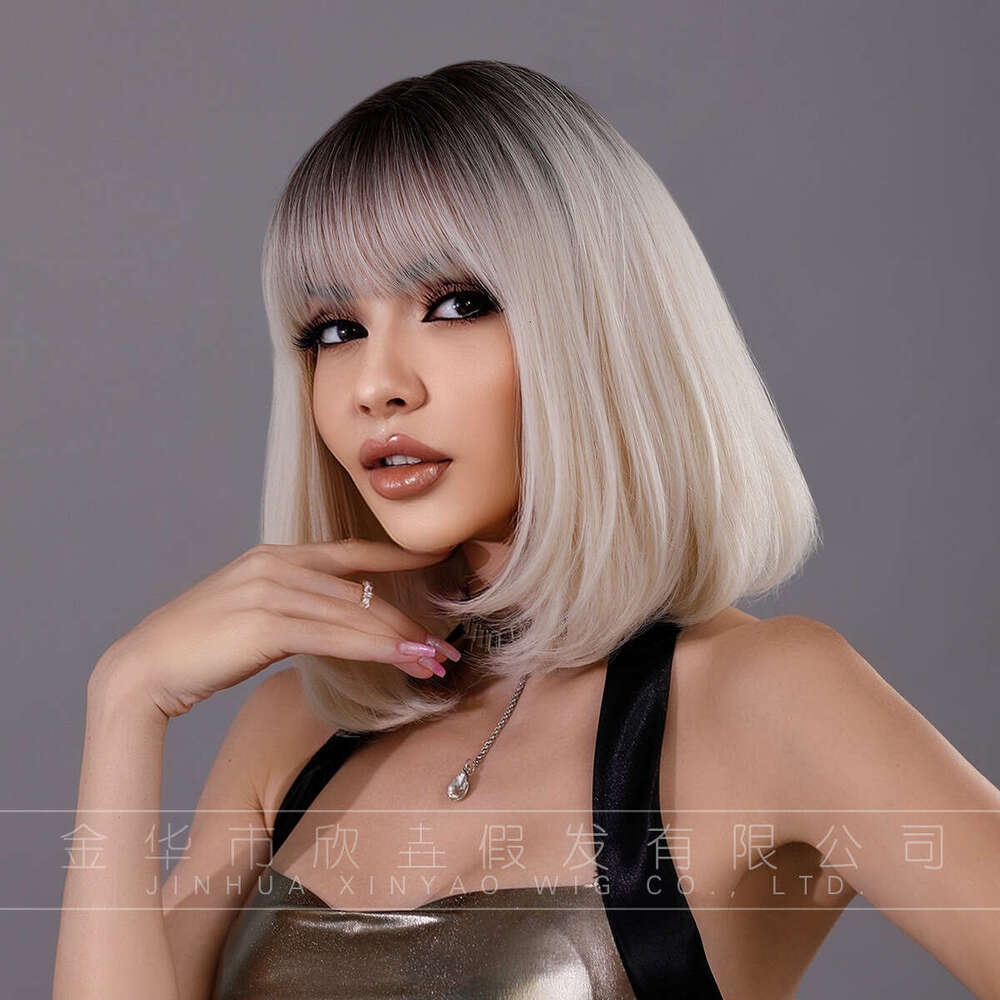 Wig Female Bob White Gold Straight Inner Buckle Soft Synthetic Bobo Short Hair Set Kq9 Kq9