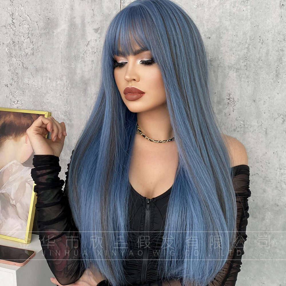 Female Long Straight Hair With Bangs, 61Cm Mermaid Blue Dyed Synthetic Full Head Set, Internet Famous Wig Kq9 Kq9