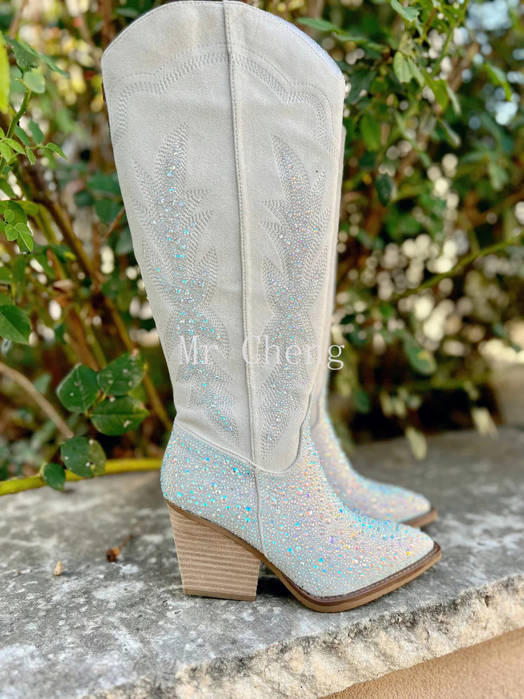 2024 Autumn Winter New Embroidered Rhie White Wedding Glitter Western Cowboy Boots Chunky Heel Large Size For Women