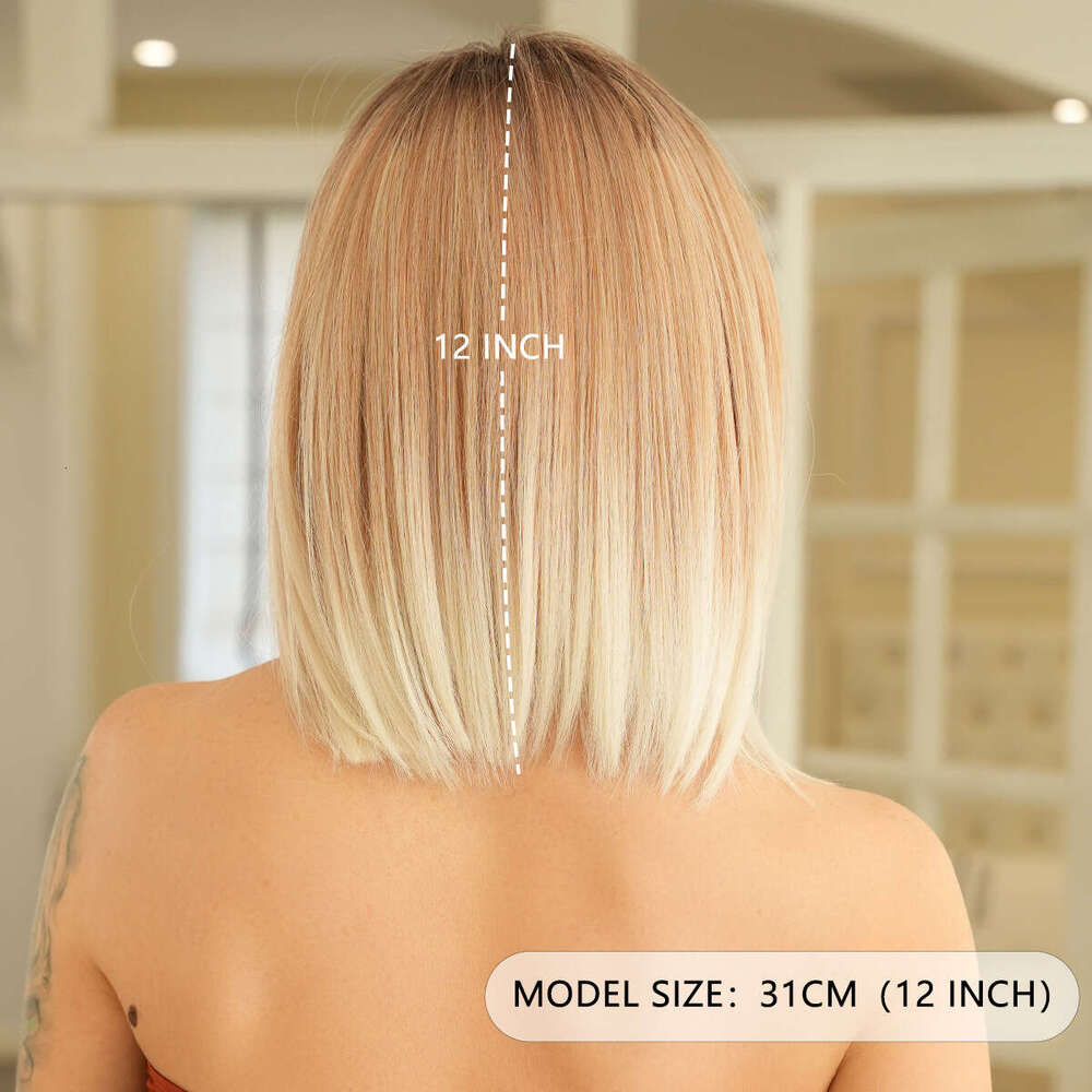 Gradient Gold Front French Bob Women's Hair Seam Lace Short Straight Fiber Wig Kq9 Kq9
