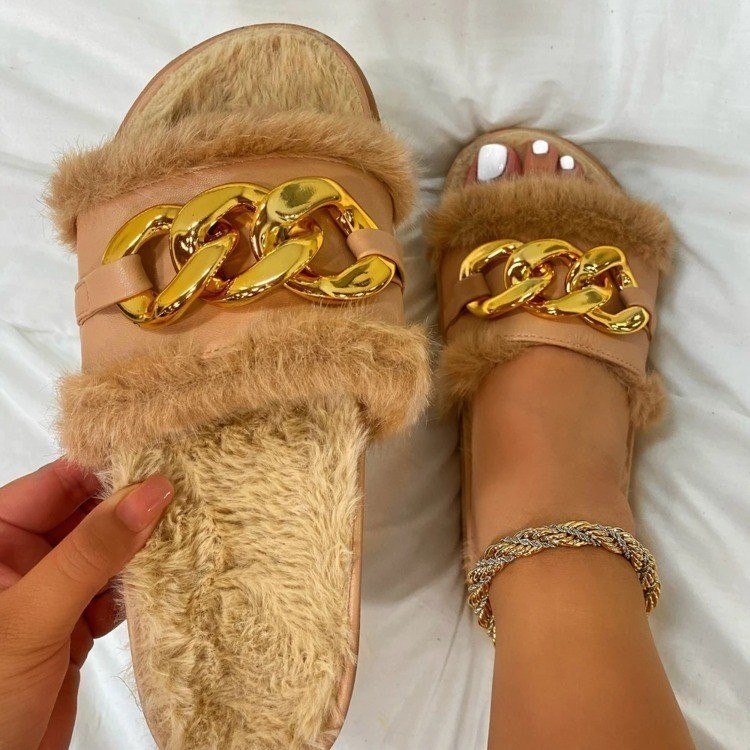 Women Slides Winter Fur Fluffy Furry Warm Metal Sandals Comfortable Warm Indoor Flip Flops Fashion