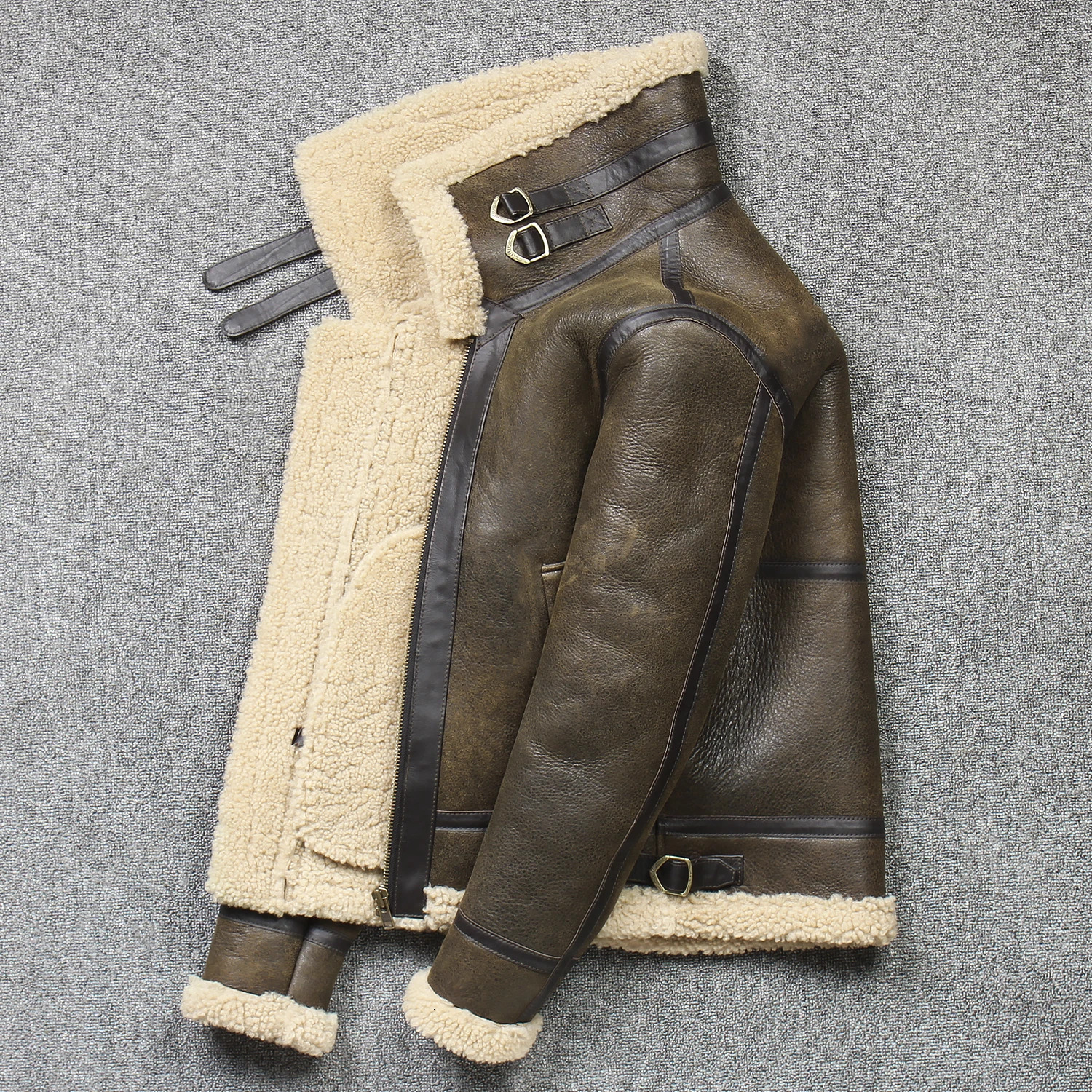 2024 Men's Winter Aviator Real Jacket Sheepskin Shearg Genuine Leather Rock Jackets High Quality B3 Bomber Male Coats
